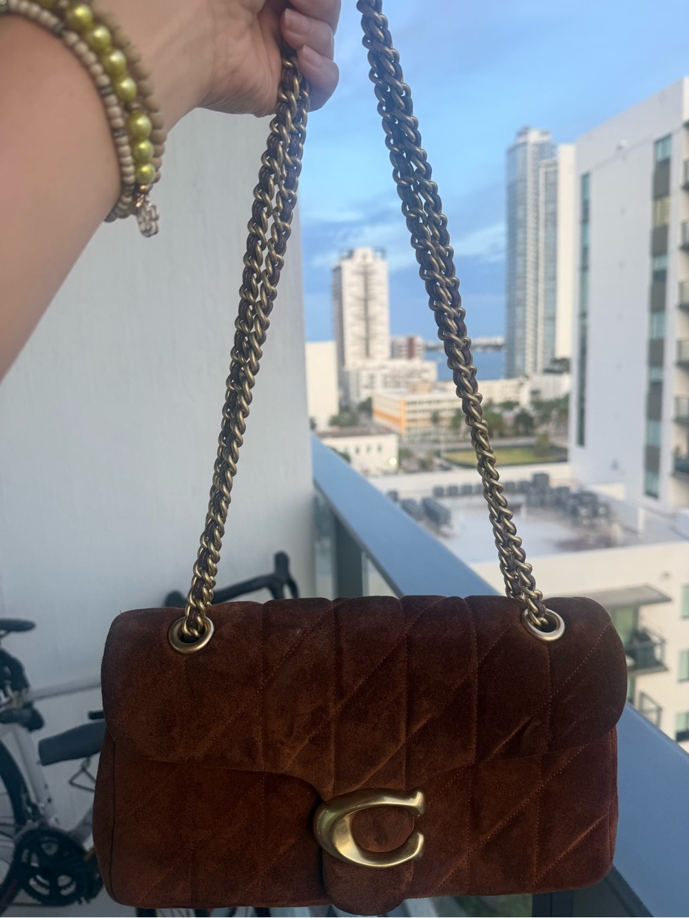 Coach Quilted Brown Velvet Shoulder Bag with Gold Chain and C Clasp